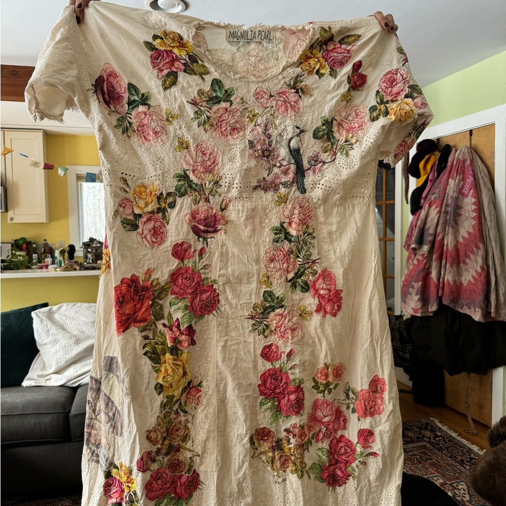 Beautiful Magnolia Pearl wearable art dress. Coronado Eyelet Pearl colored